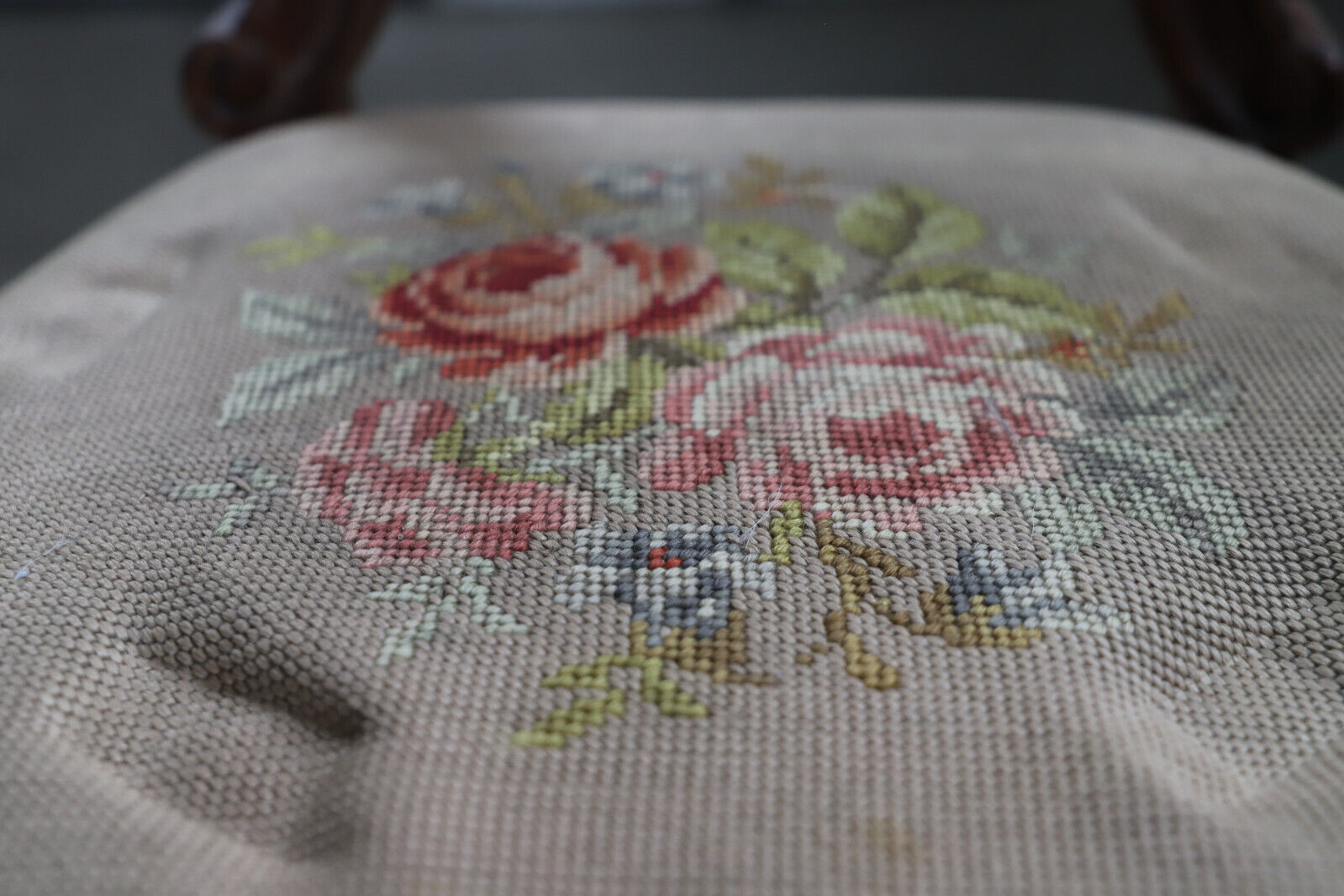 Antique Victorian Walnut Side Chair with Needlepoint Seat