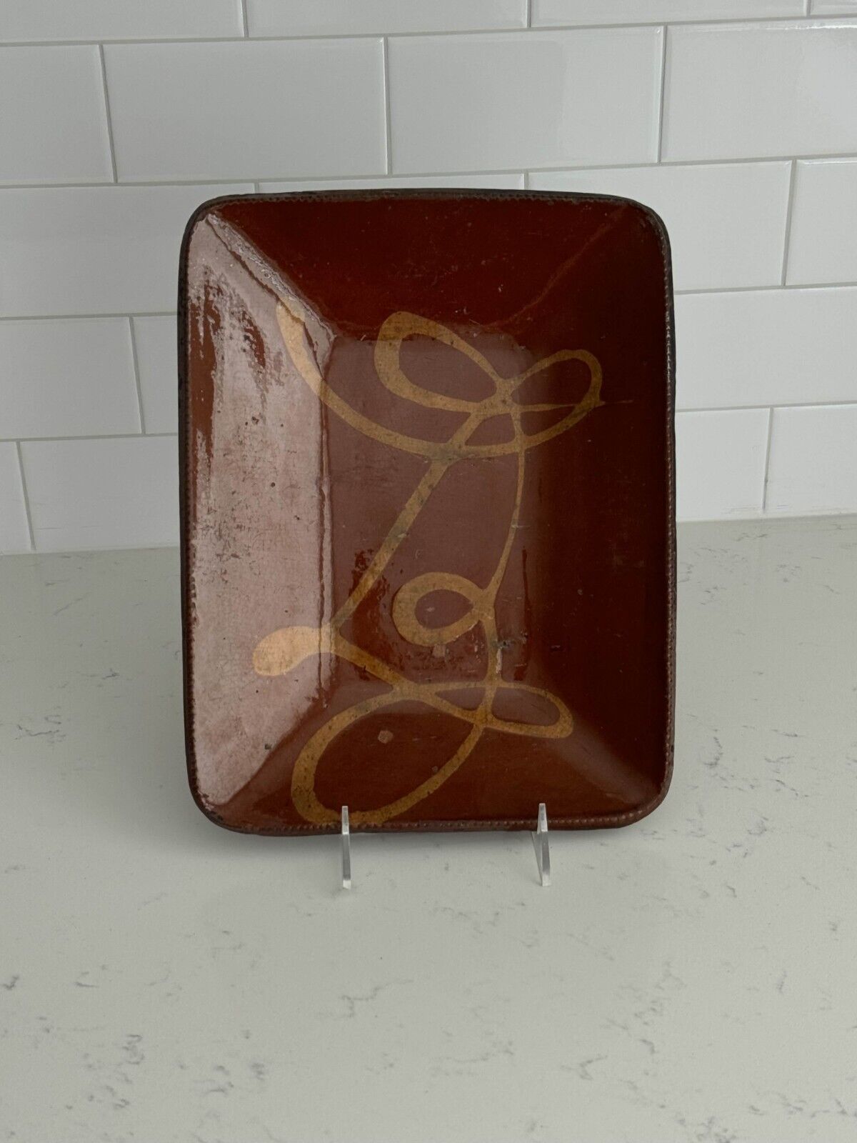 1800's Antique Redware Platter Loaf Dish Yellow Slip