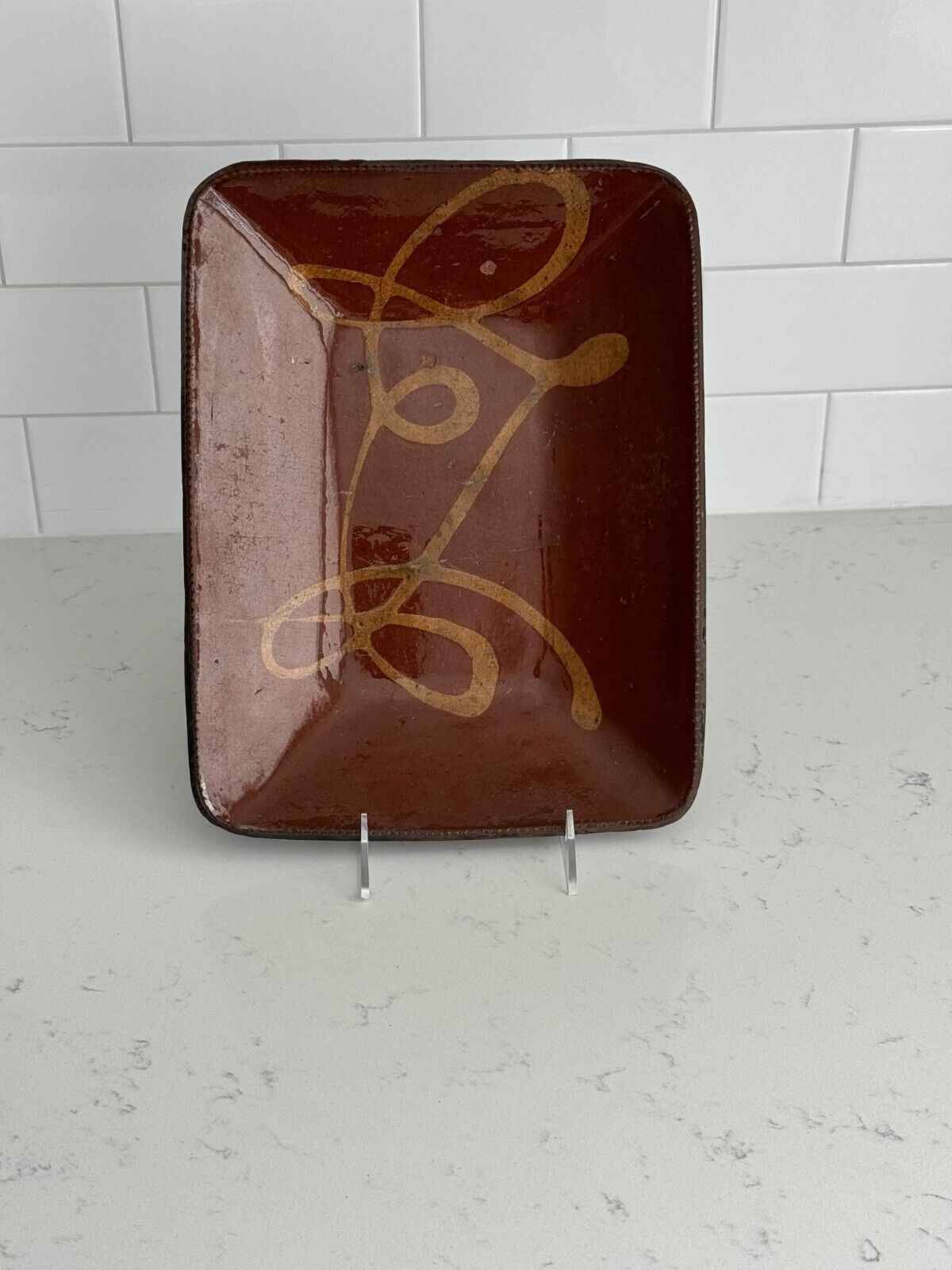 1800's Antique Redware Platter Loaf Dish Yellow Slip