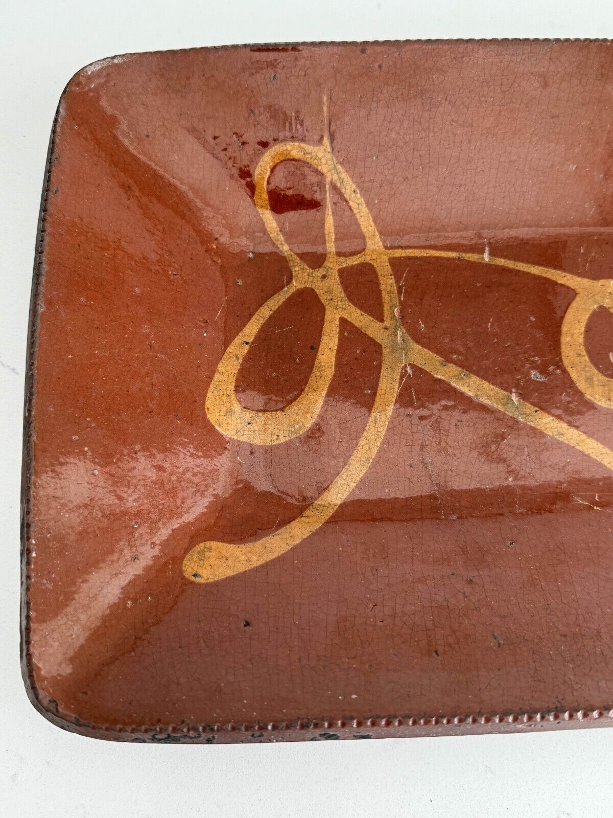 1800's Antique Redware Platter Loaf Dish Yellow Slip