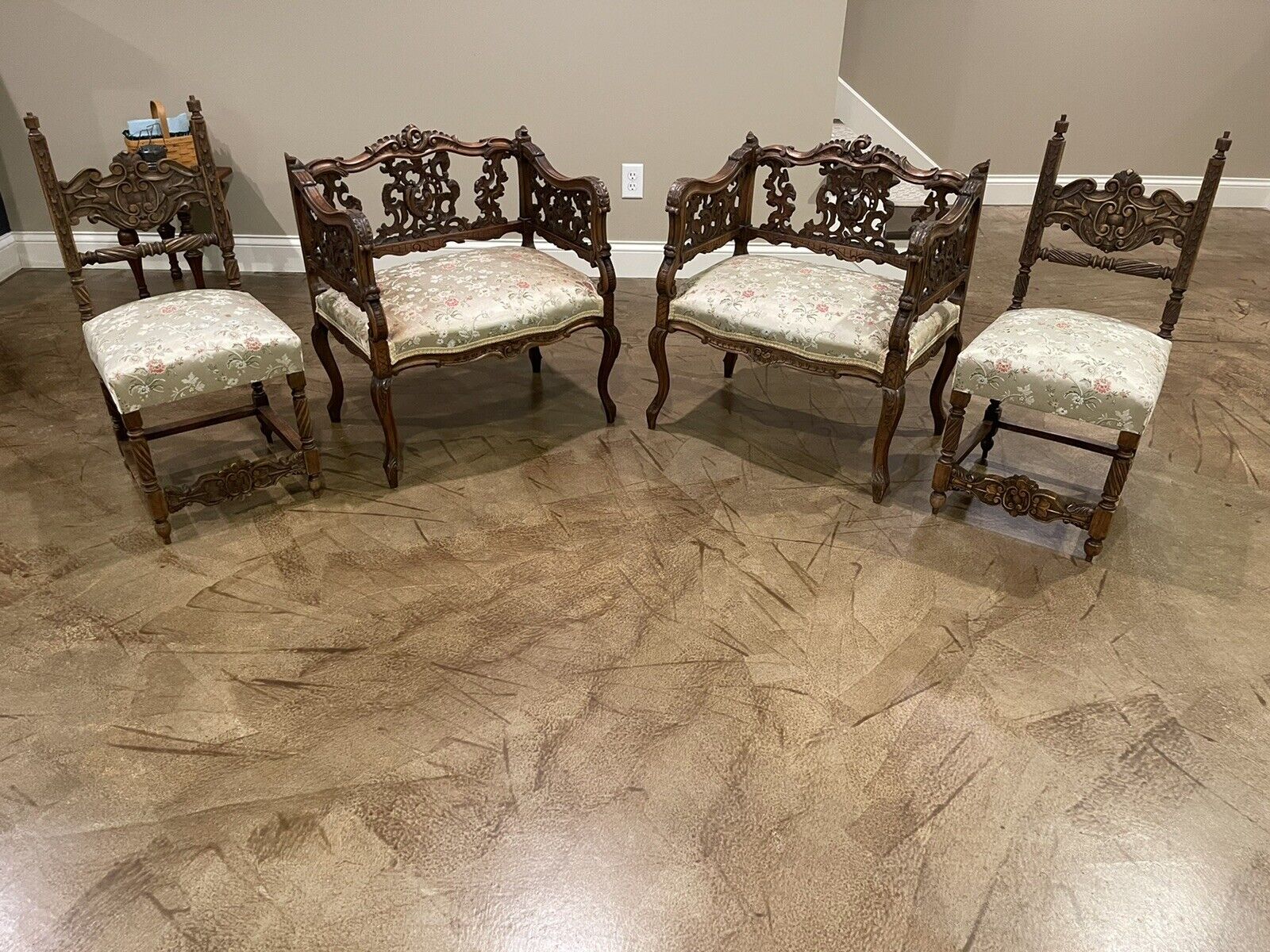 Italian walnut parlor chairs, hand carved vintage style