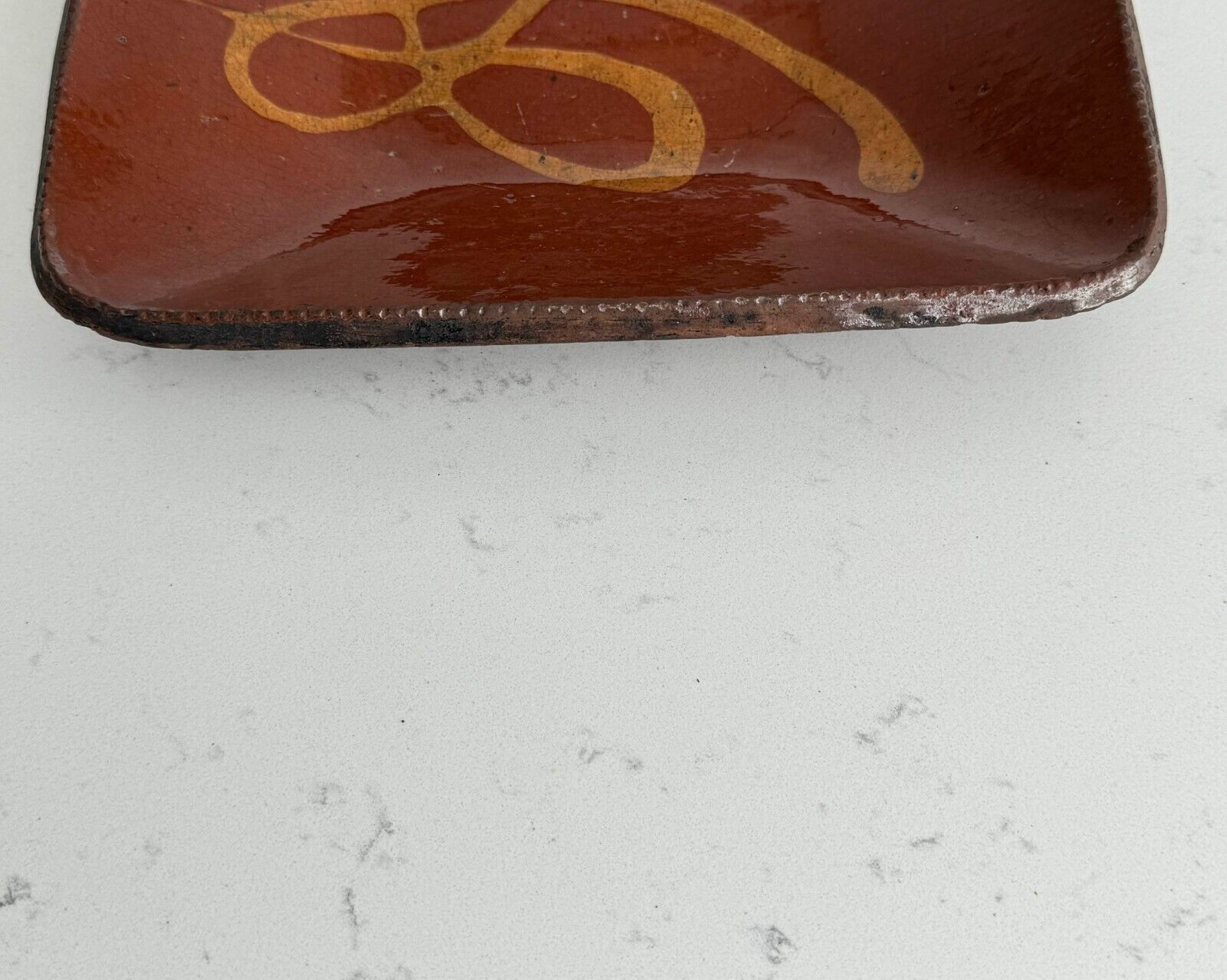 1800's Antique Redware Platter Loaf Dish Yellow Slip