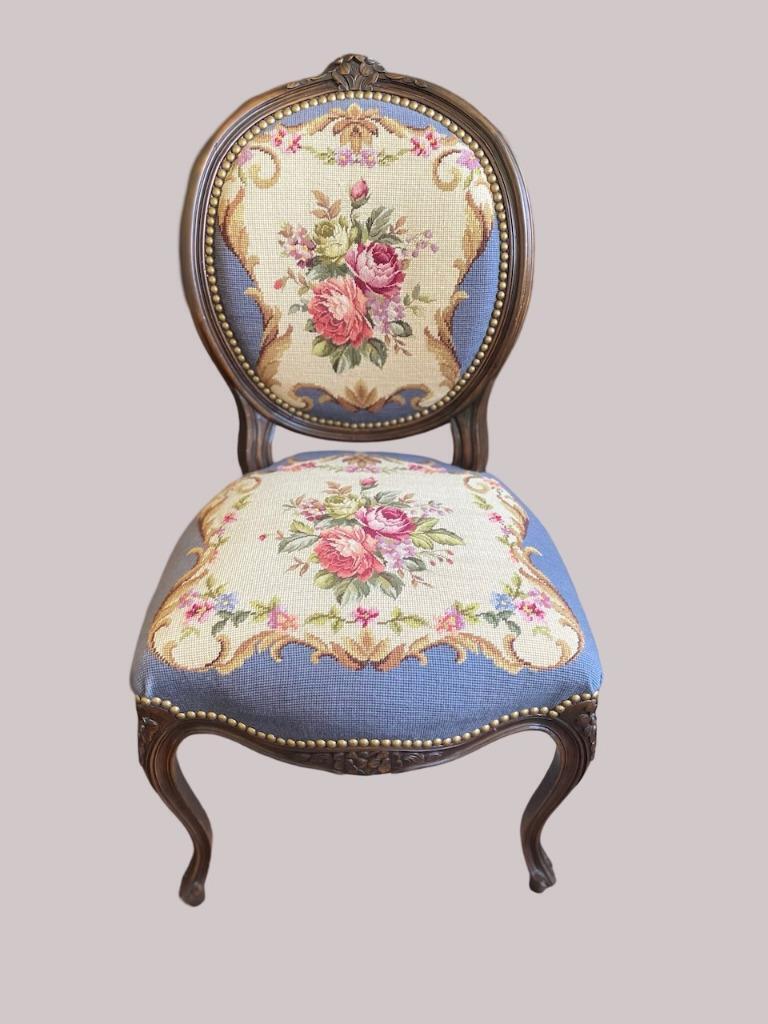Elegant French Walnut Needlepoint Floral Blue Side Chair