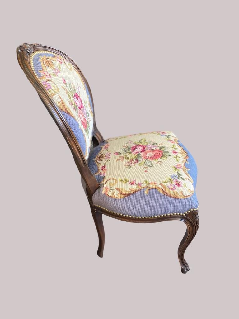 Elegant French Walnut Needlepoint Floral Blue Side Chair