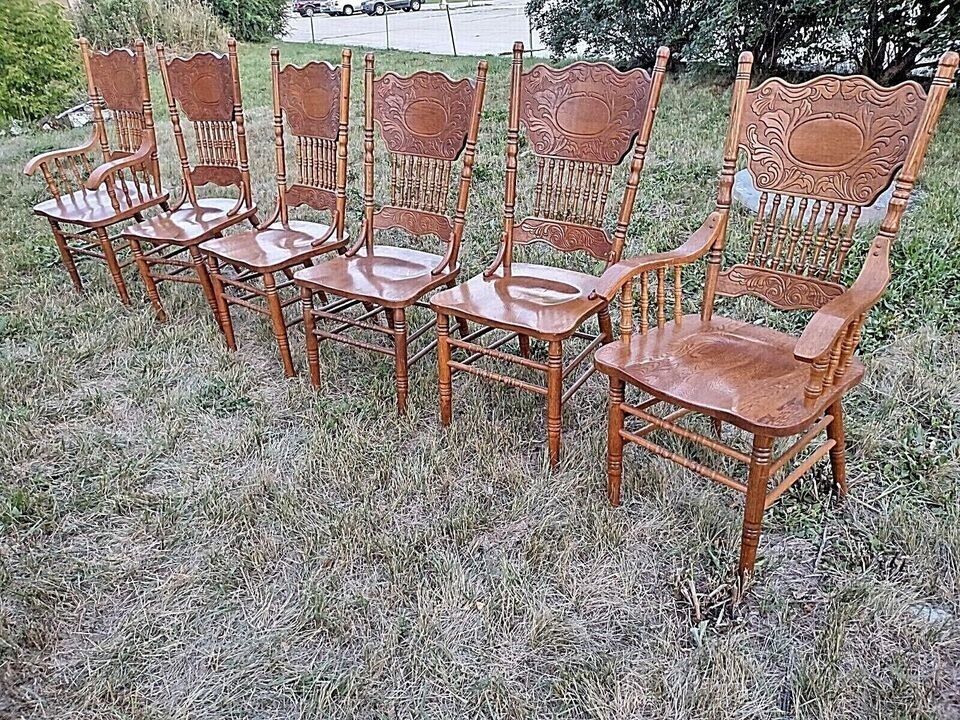 Set of 6 Victorian Press Back Oak Dining Chairs