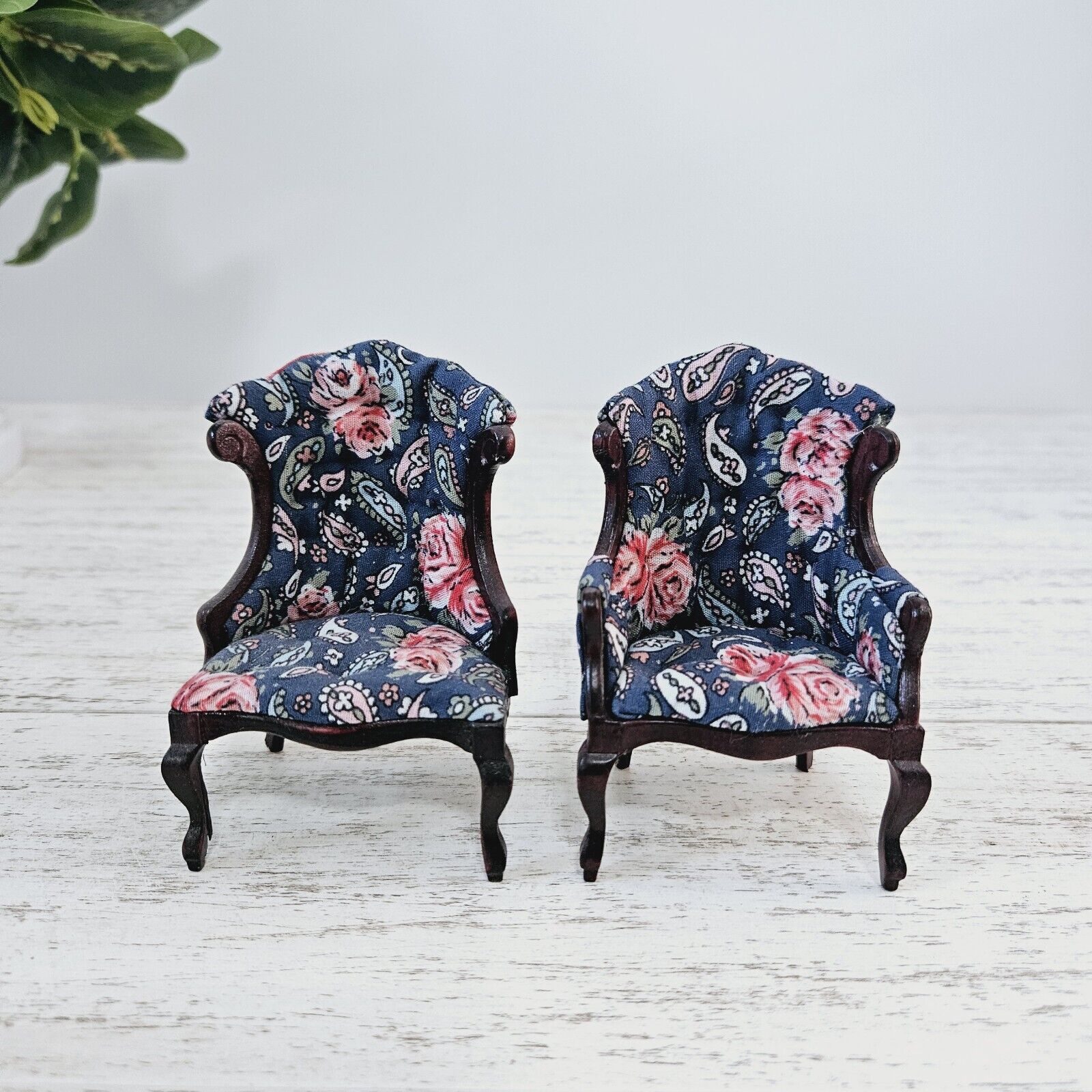 Pair of Victorian Mahogany Blue Floral Dollhouse Side Chairs