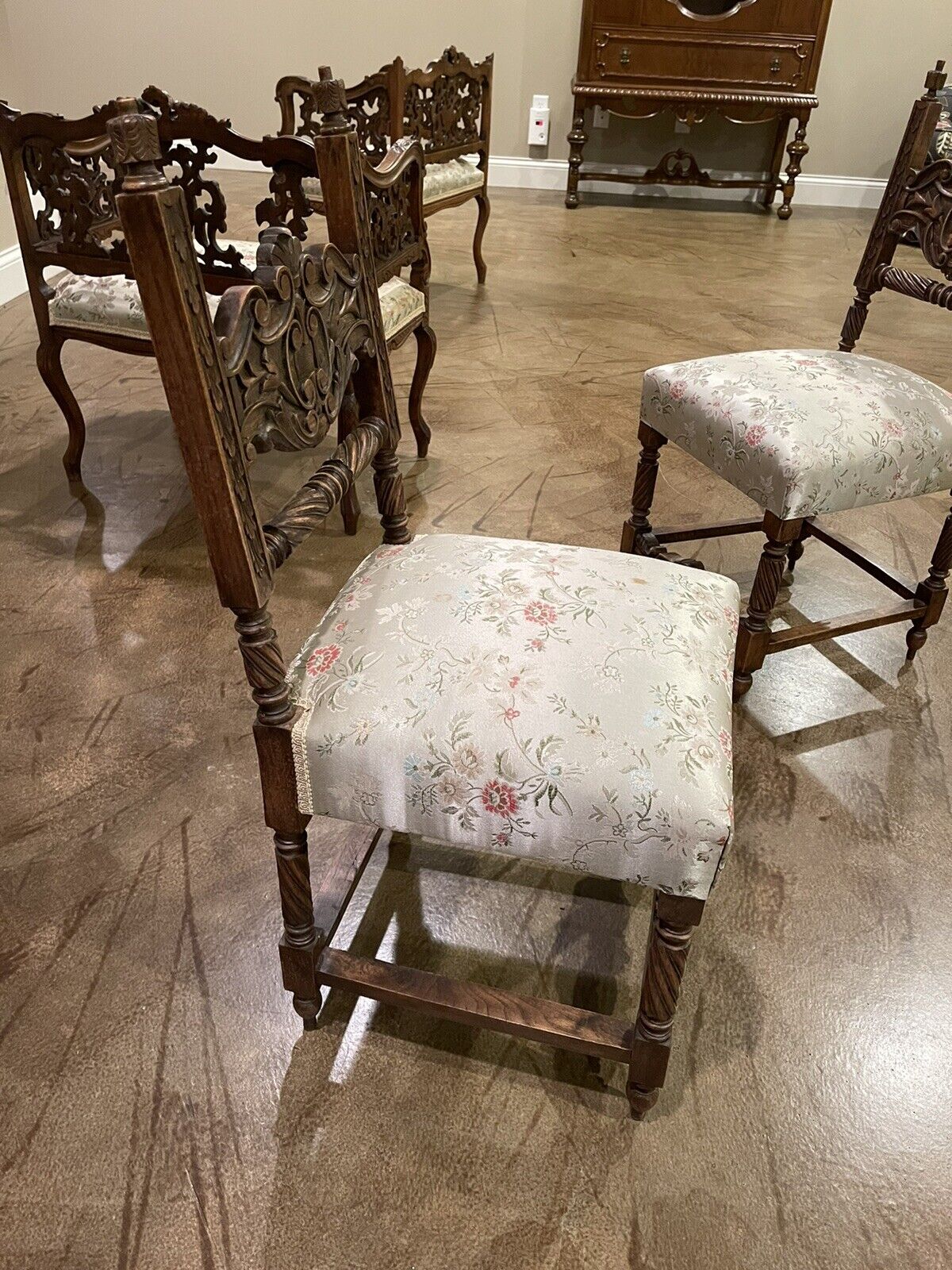 Italian walnut parlor chairs, hand carved vintage style