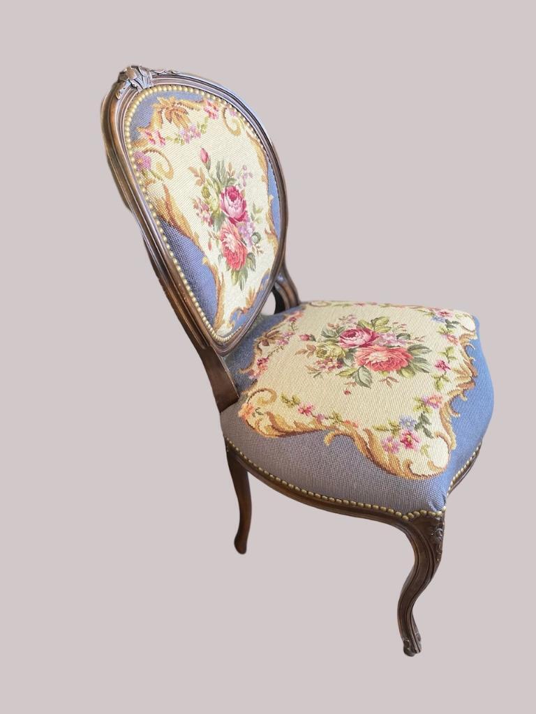 Elegant French Walnut Needlepoint Floral Blue Side Chair