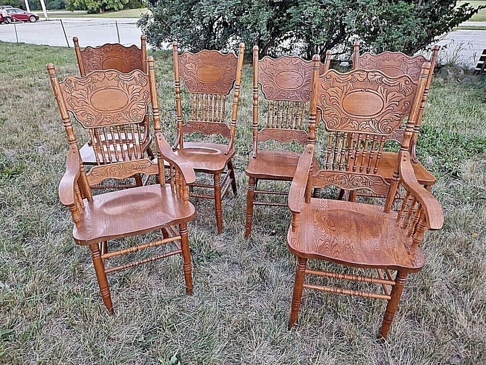 Set of 6 Victorian Press Back Oak Dining Chairs