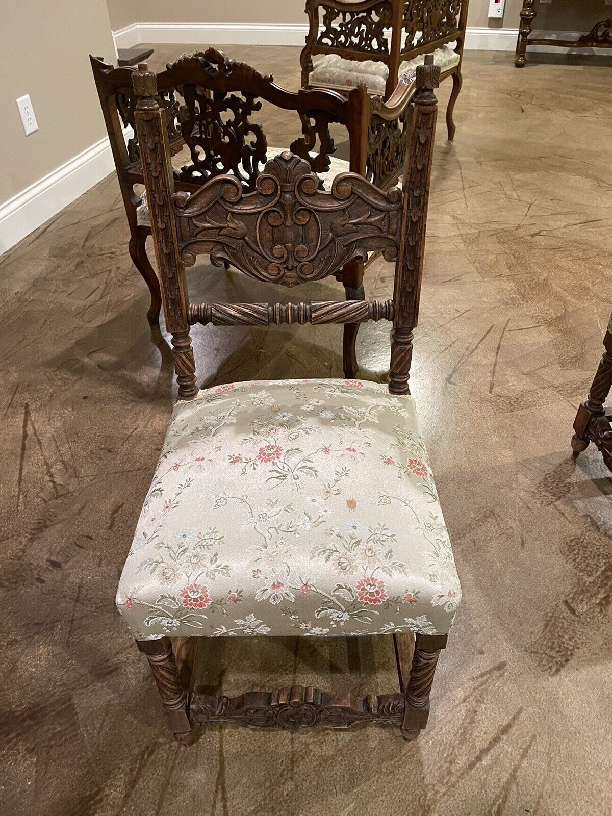 Italian walnut parlor chairs, hand carved vintage style