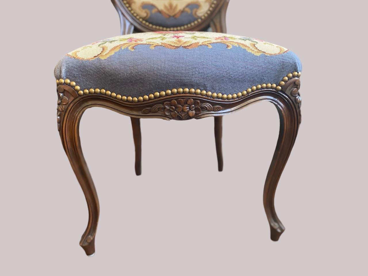 Elegant French Walnut Needlepoint Floral Blue Side Chair
