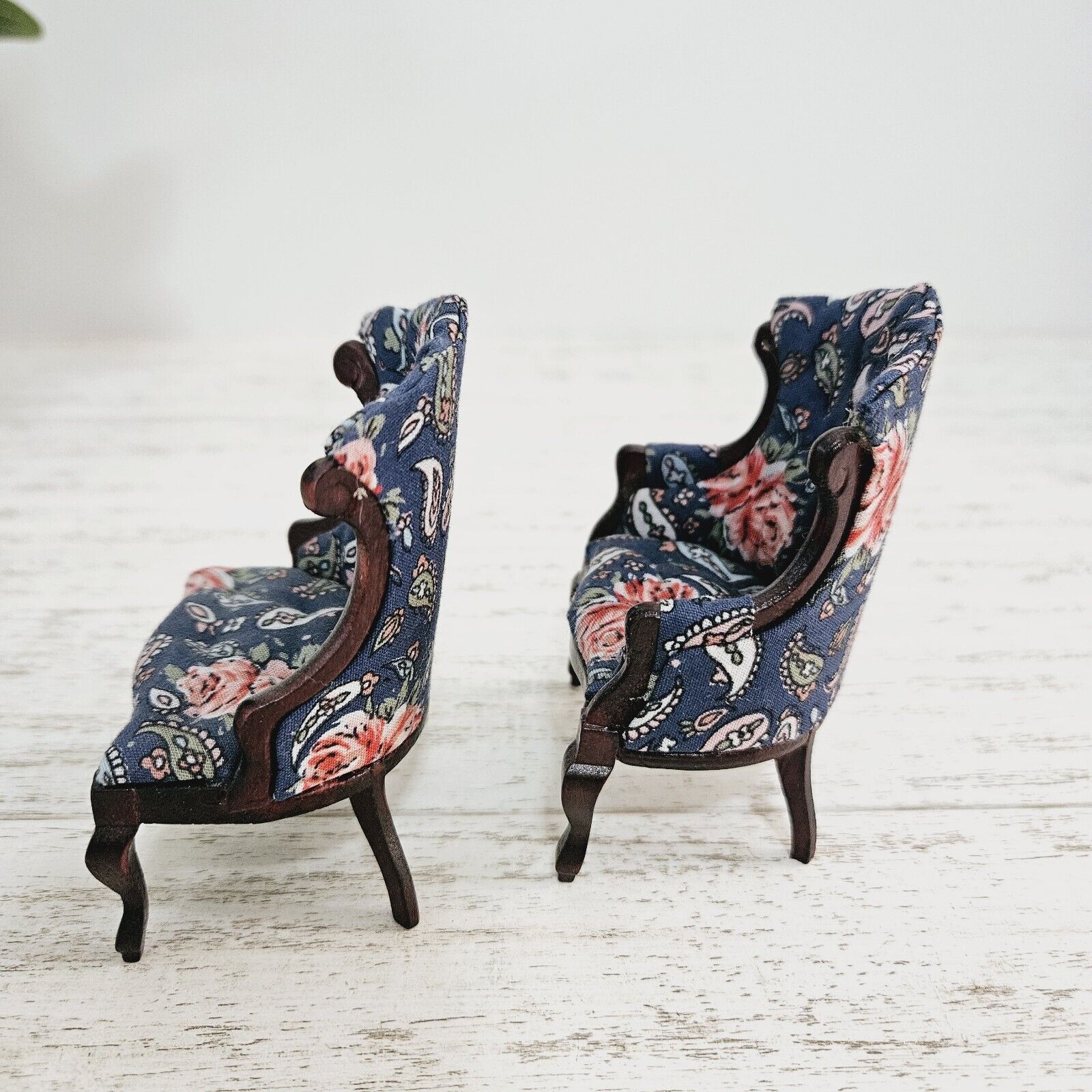Pair of Victorian Mahogany Blue Floral Dollhouse Side Chairs