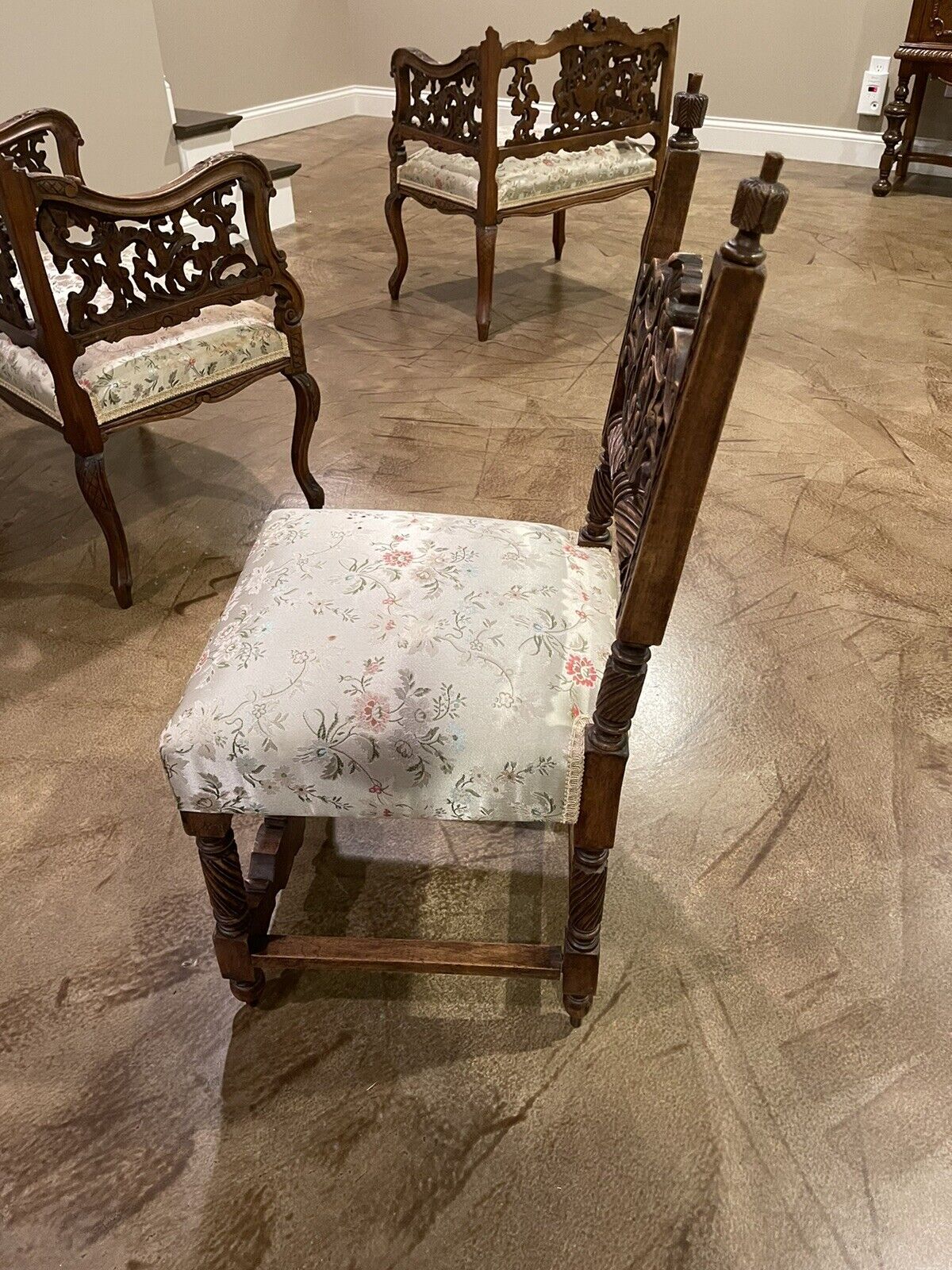 Italian walnut parlor chairs, hand carved vintage style