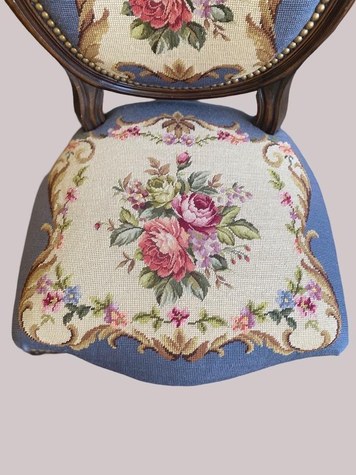 Elegant French Walnut Needlepoint Floral Blue Side Chair