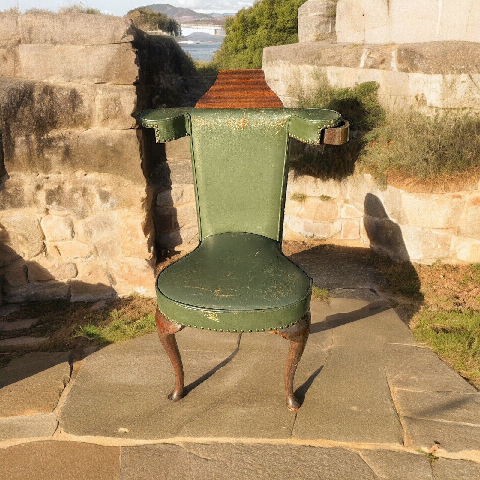 🌴18th Century Museum Piece Antique Green Leather Library Reading Chair
