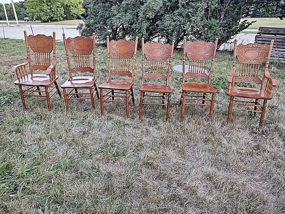 Set of 6 Victorian Press Back Oak Dining Chairs
