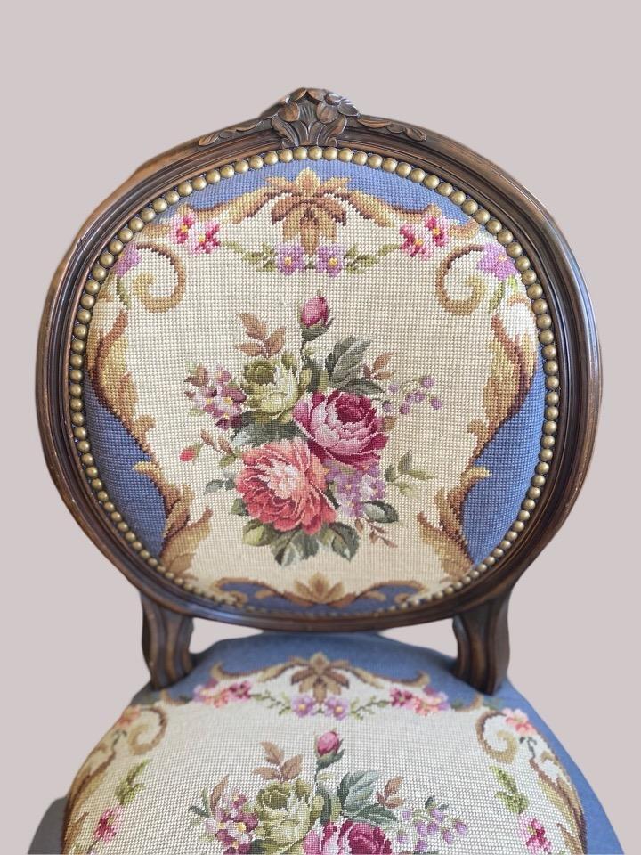 Elegant French Walnut Needlepoint Floral Blue Side Chair