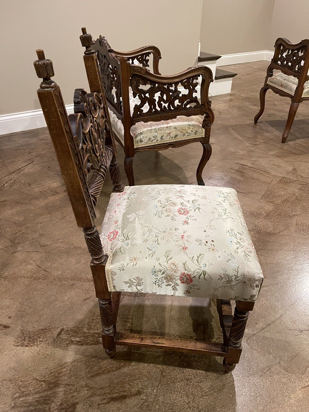 Italian walnut parlor chairs, hand carved vintage style