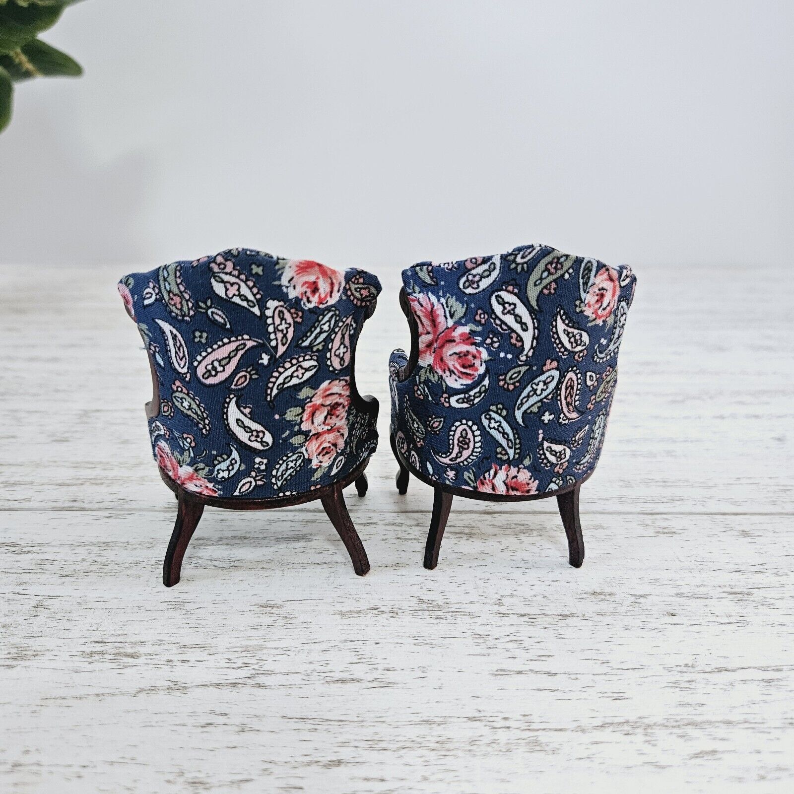 Pair of Victorian Mahogany Blue Floral Dollhouse Side Chairs