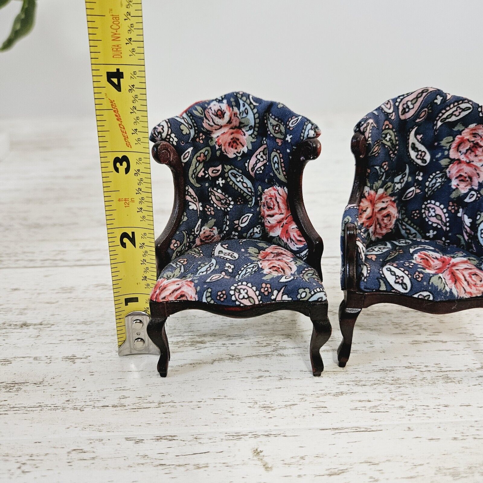 Pair of Victorian Mahogany Blue Floral Dollhouse Side Chairs