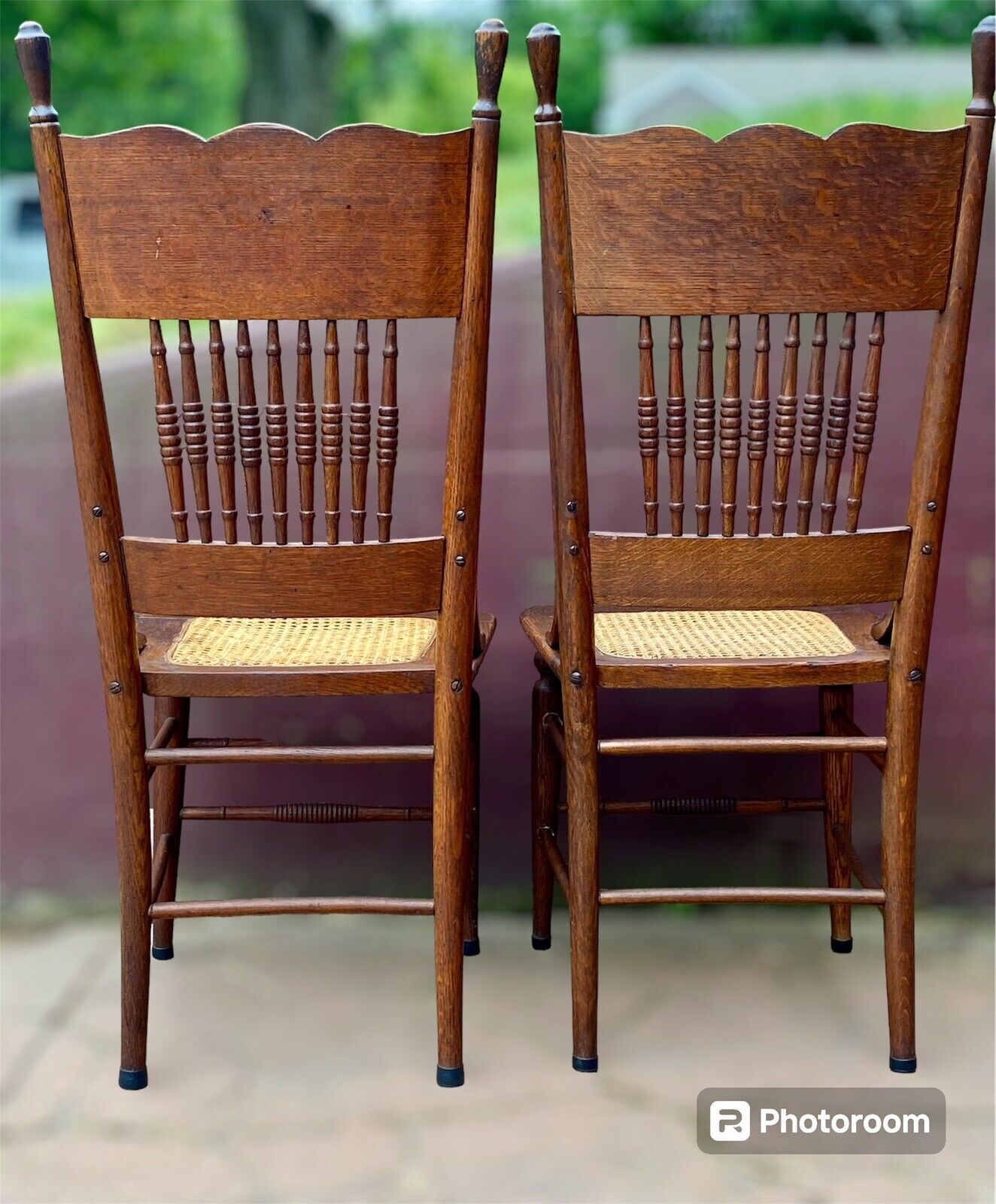 Pair of Oak Carved Back Spindle Chairs