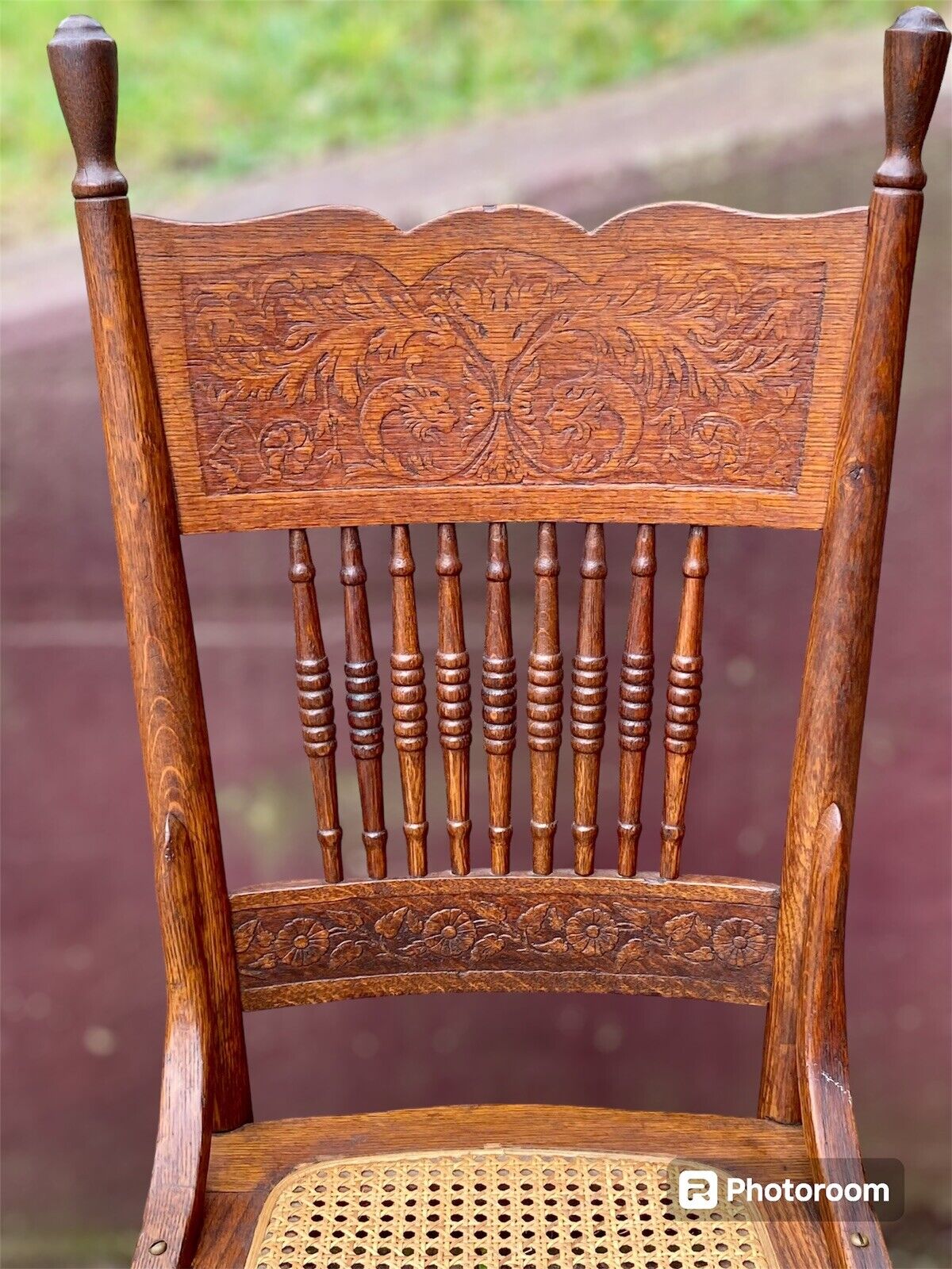 Pair of Oak Carved Back Spindle Chairs