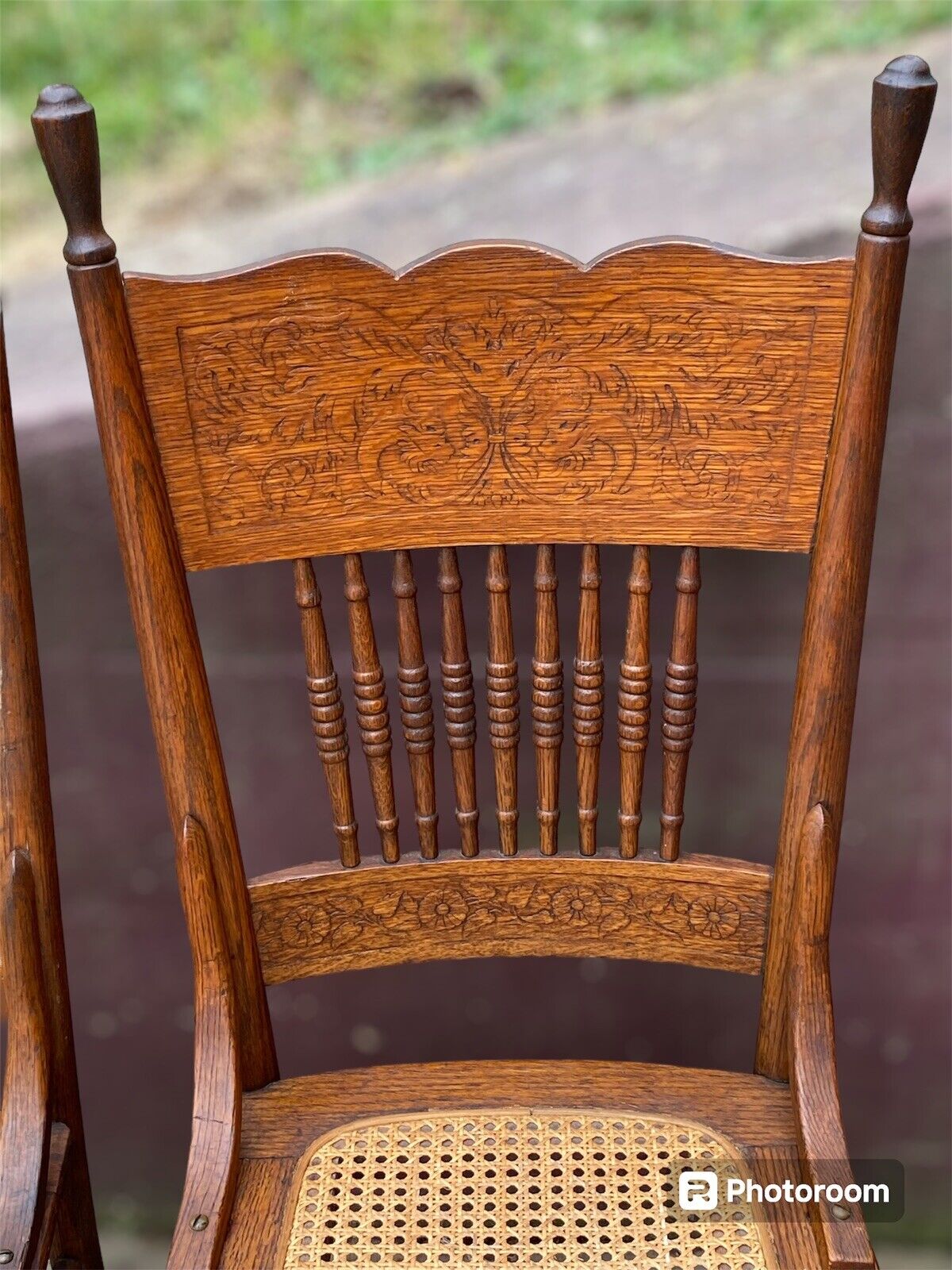 Pair of Oak Carved Back Spindle Chairs