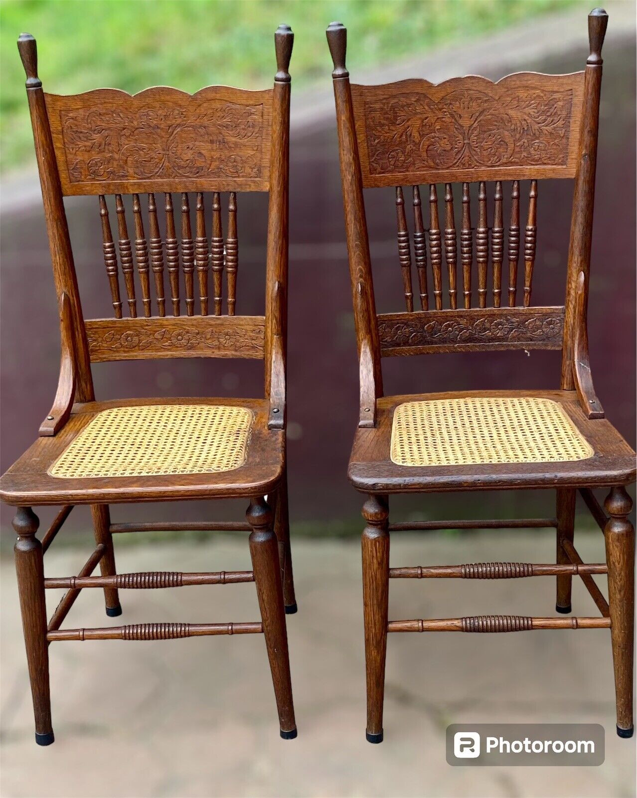 Pair of Oak Carved Back Spindle Chairs