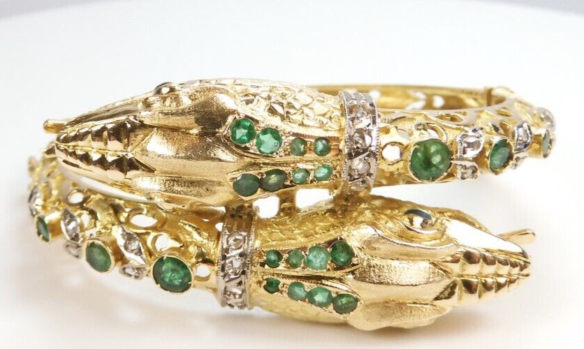 Victorian 1900's Emerald Snake Serpent Bangle Bracelet 18KY 33.3 Grams 7 1/2" IC