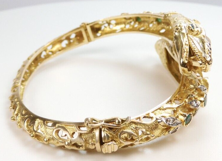 Victorian 1900's Emerald Snake Serpent Bangle Bracelet 18KY 33.3 Grams 7 1/2" IC