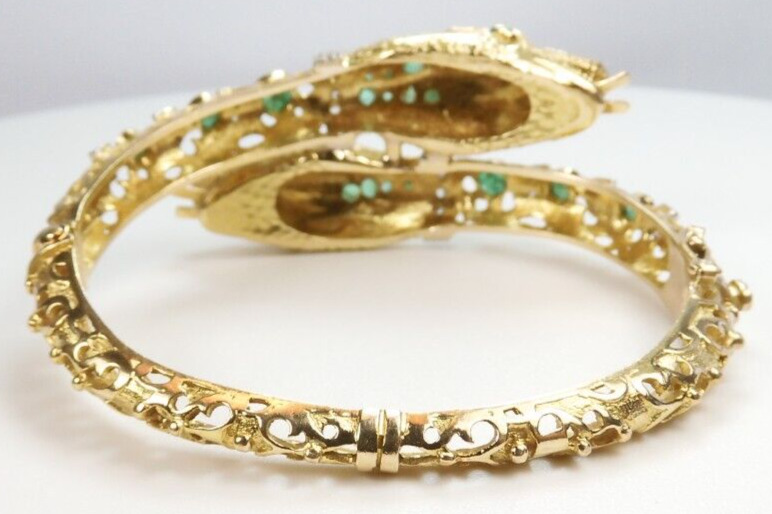 Victorian 1900's Emerald Snake Serpent Bangle Bracelet 18KY 33.3 Grams 7 1/2" IC