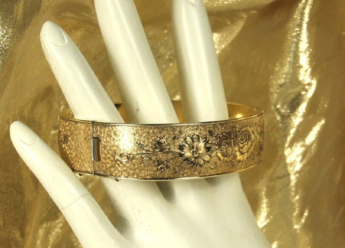 GOLD Filled EDWARDIAN Bracelet 1900s Hinged Bangle A & Z 12k Blk Enamel Sz7 FAB