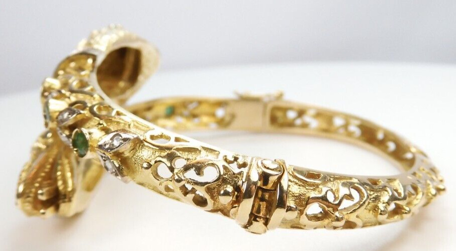 Victorian 1900's Emerald Snake Serpent Bangle Bracelet 18KY 33.3 Grams 7 1/2" IC