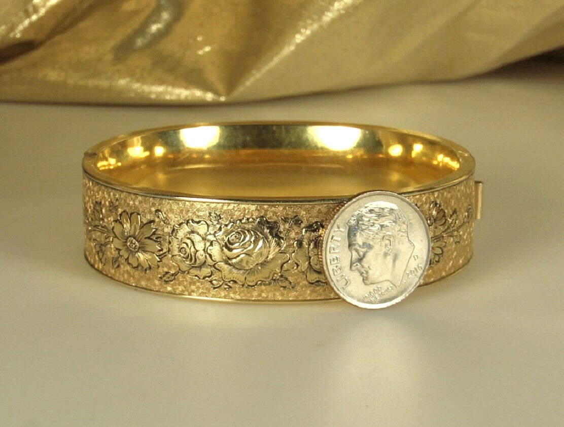 GOLD Filled EDWARDIAN Bracelet 1900s Hinged Bangle A & Z 12k Blk Enamel Sz7 FAB