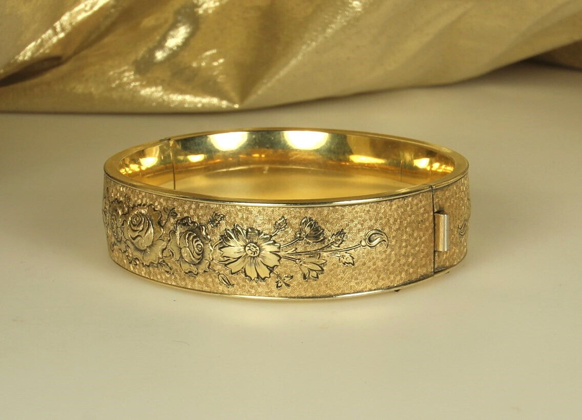 GOLD Filled EDWARDIAN Bracelet 1900s Hinged Bangle A & Z 12k Blk Enamel Sz7 FAB
