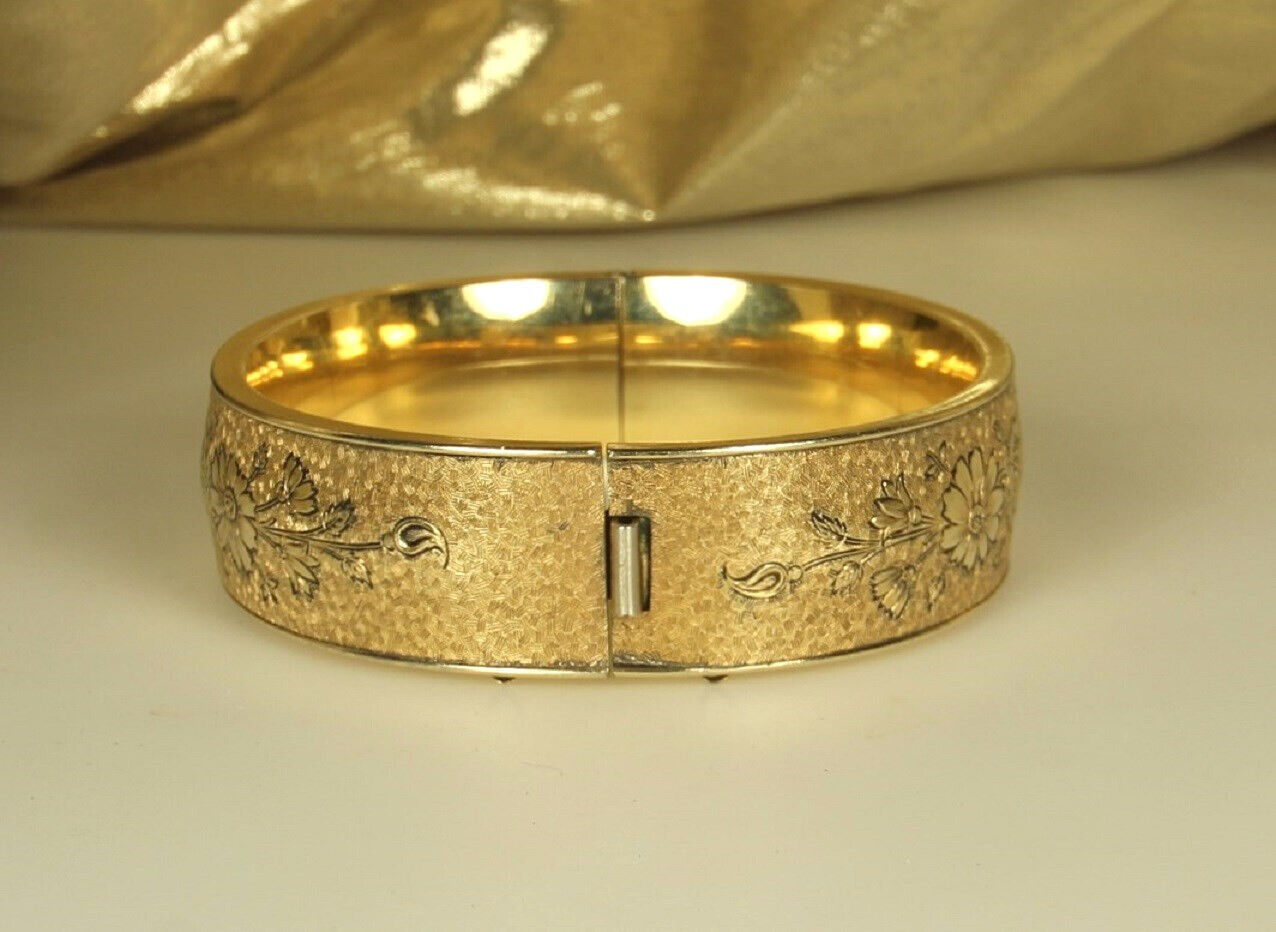 GOLD Filled EDWARDIAN Bracelet 1900s Hinged Bangle A & Z 12k Blk Enamel Sz7 FAB