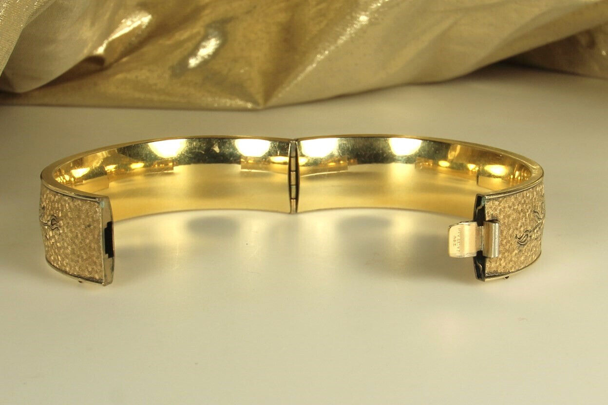 GOLD Filled EDWARDIAN Bracelet 1900s Hinged Bangle A & Z 12k Blk Enamel Sz7 FAB