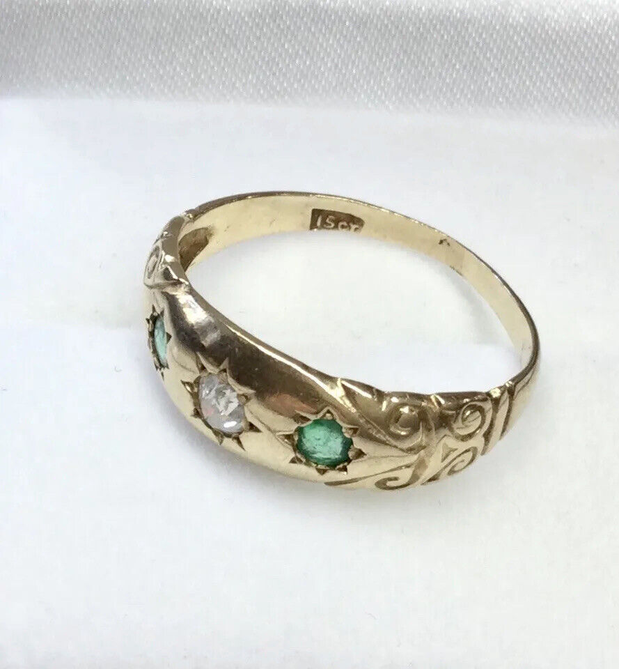 ANTIQUE VICTORIAN NATURAL EMERALD DIAMOND STARBURST RING 15K YG CIRCA 1900s