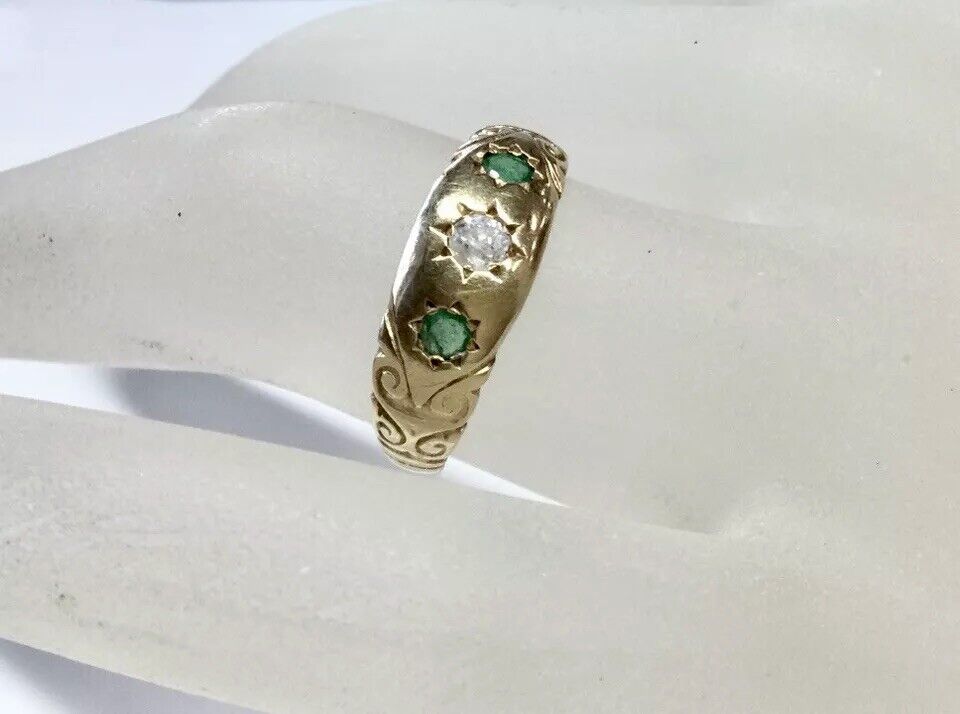 ANTIQUE VICTORIAN NATURAL EMERALD DIAMOND STARBURST RING 15K YG CIRCA 1900s