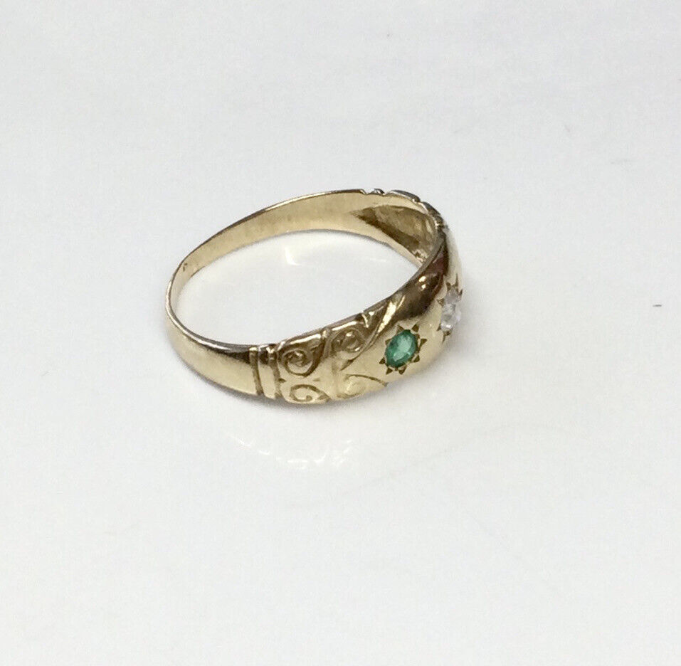 ANTIQUE VICTORIAN NATURAL EMERALD DIAMOND STARBURST RING 15K YG CIRCA 1900s