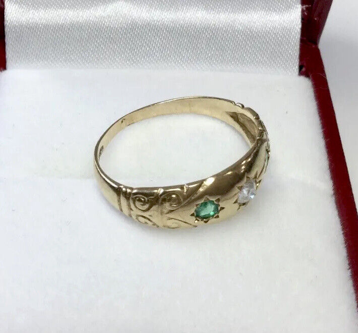 ANTIQUE VICTORIAN NATURAL EMERALD DIAMOND STARBURST RING 15K YG CIRCA 1900s