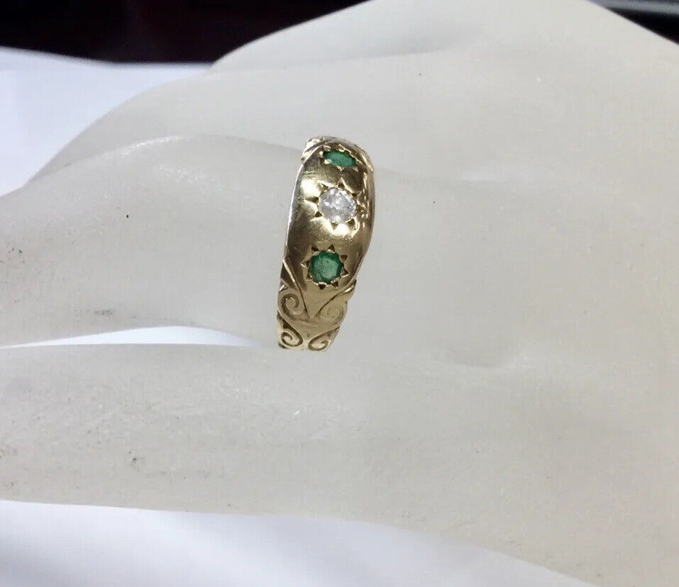 ANTIQUE VICTORIAN NATURAL EMERALD DIAMOND STARBURST RING 15K YG CIRCA 1900s