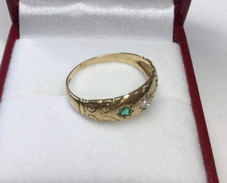 ANTIQUE VICTORIAN NATURAL EMERALD DIAMOND STARBURST RING 15K YG CIRCA 1900s
