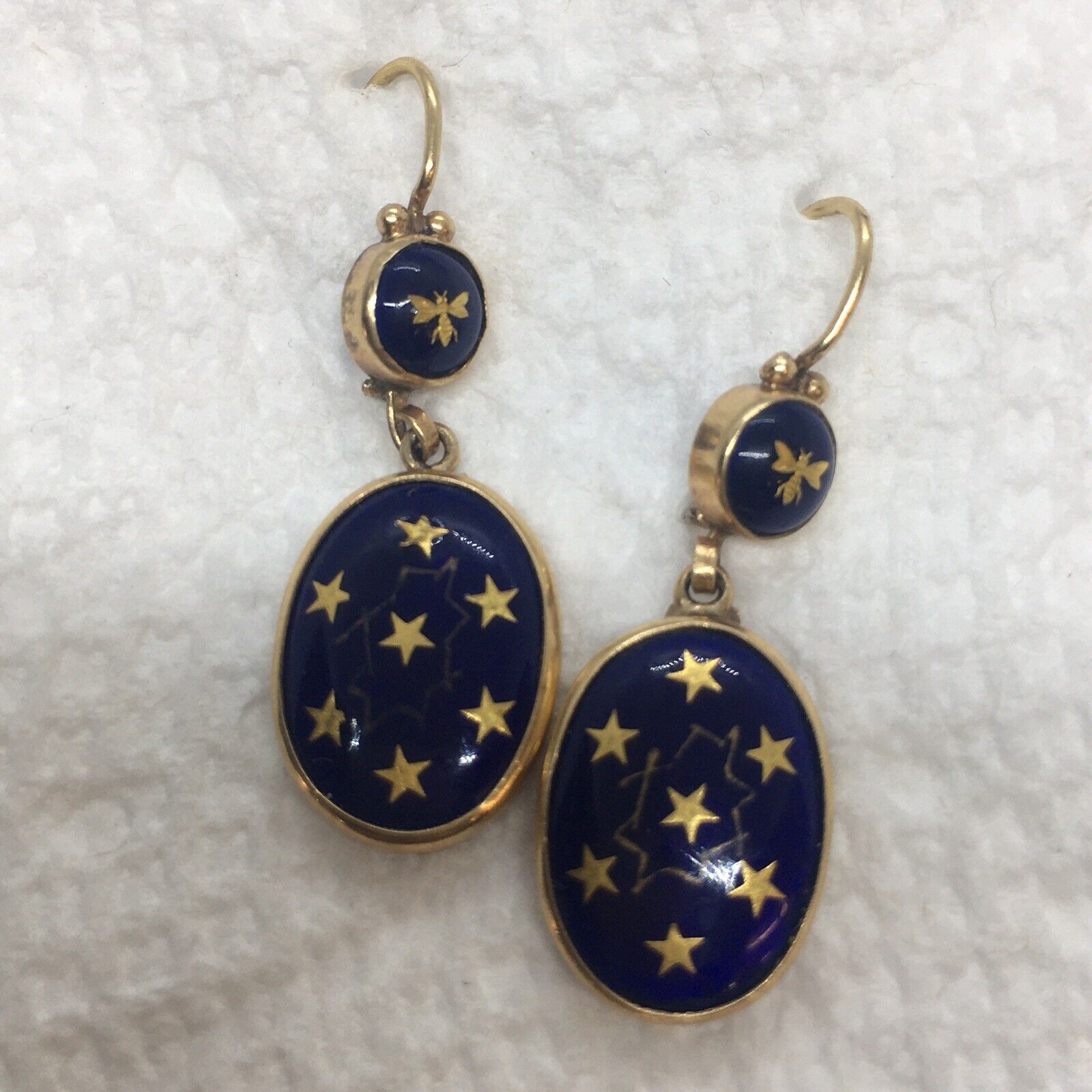 Art Nouveau 1900s French 14K Gold Drop Blue Celestial Enamel Earrings Hallmark