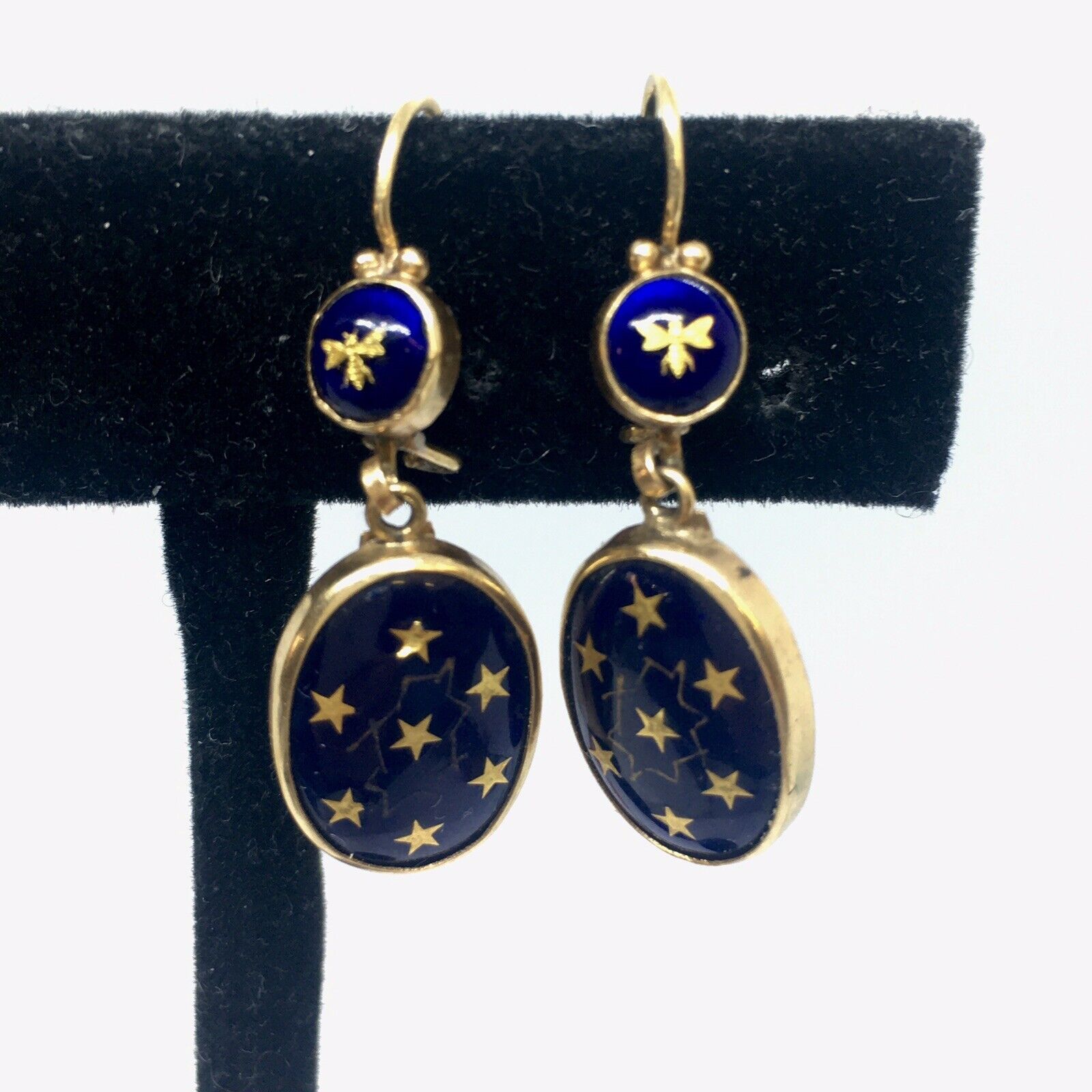 Art Nouveau 1900s French 14K Gold Drop Blue Celestial Enamel Earrings Hallmark