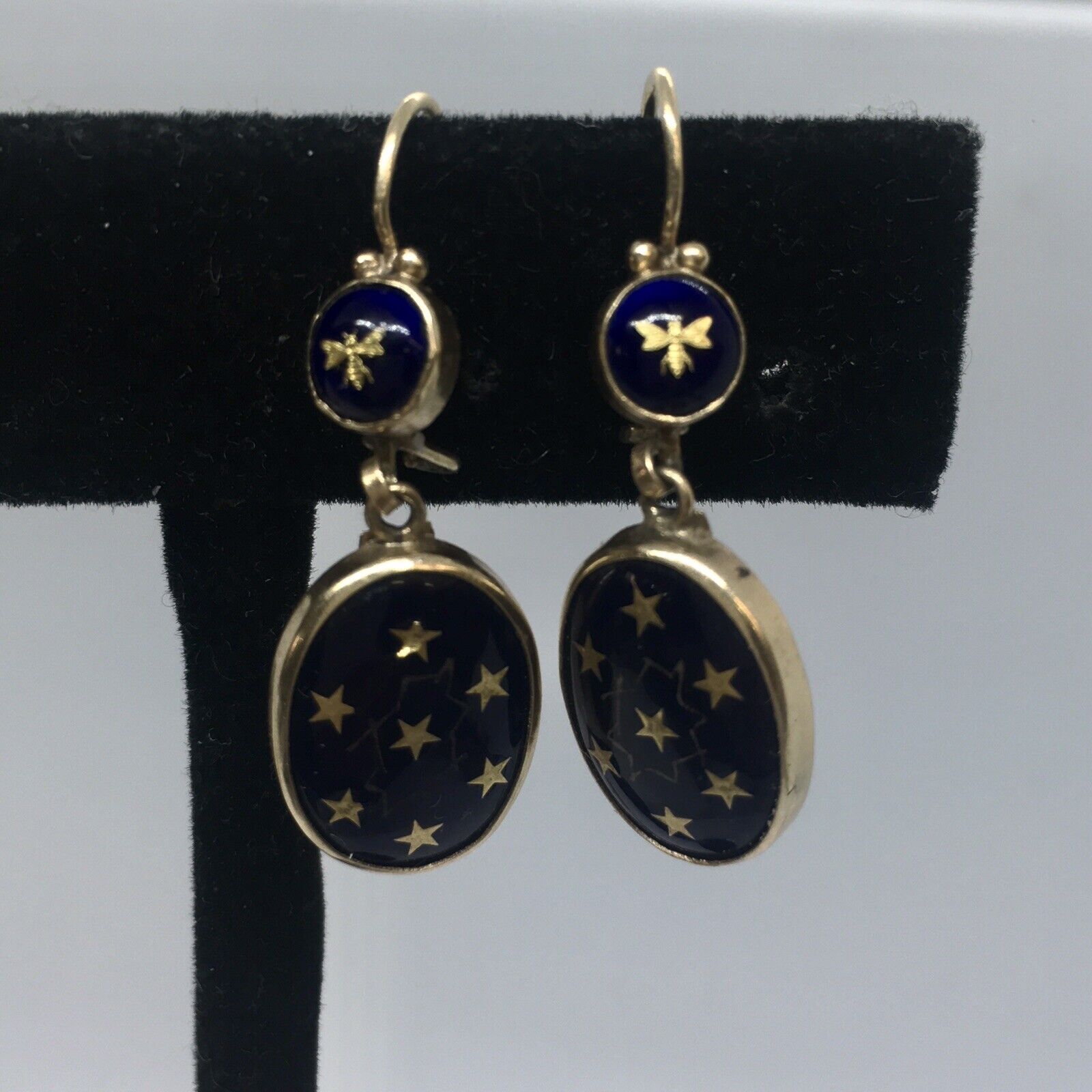 Art Nouveau 1900s French 14K Gold Drop Blue Celestial Enamel Earrings Hallmark