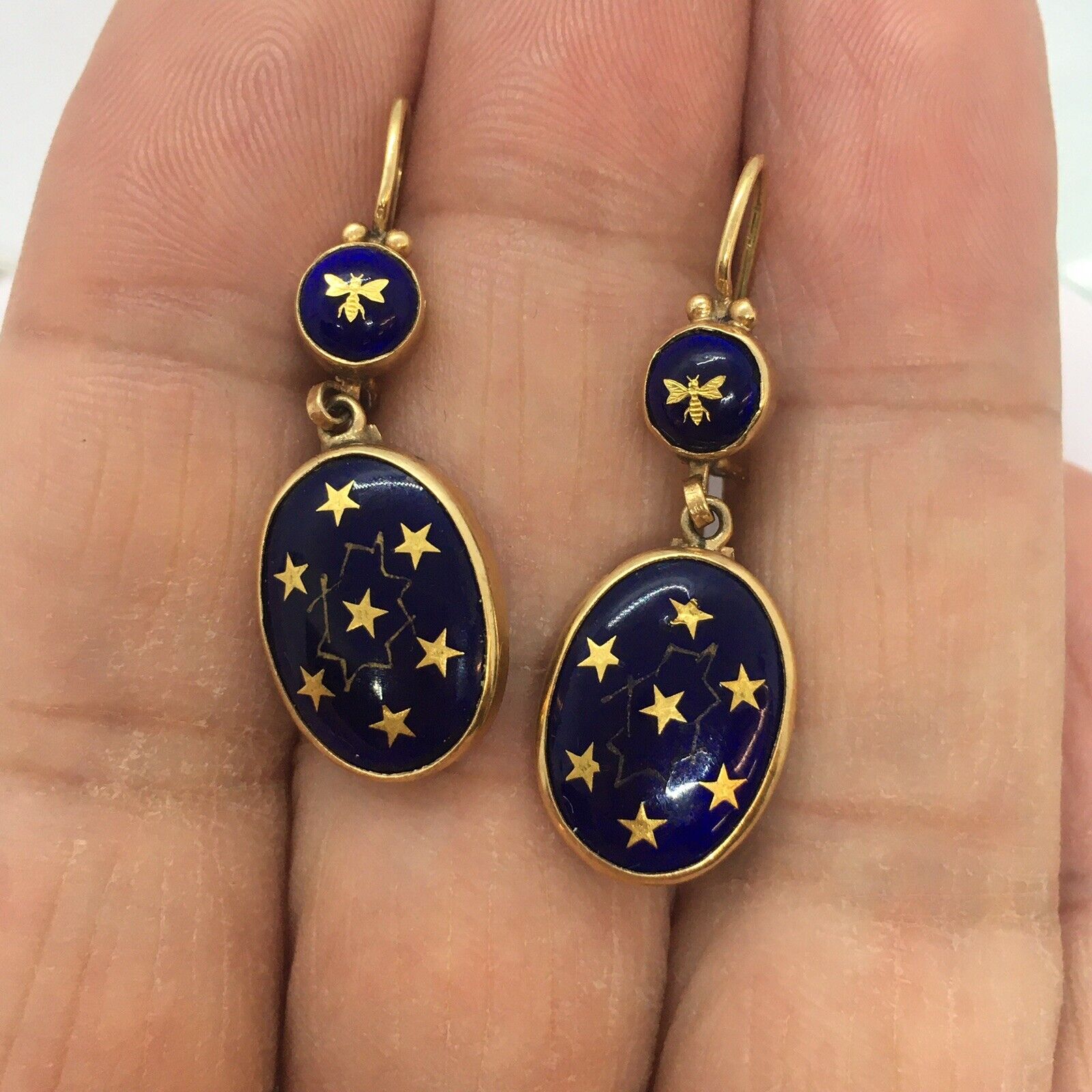 Art Nouveau 1900s French 14K Gold Drop Blue Celestial Enamel Earrings Hallmark