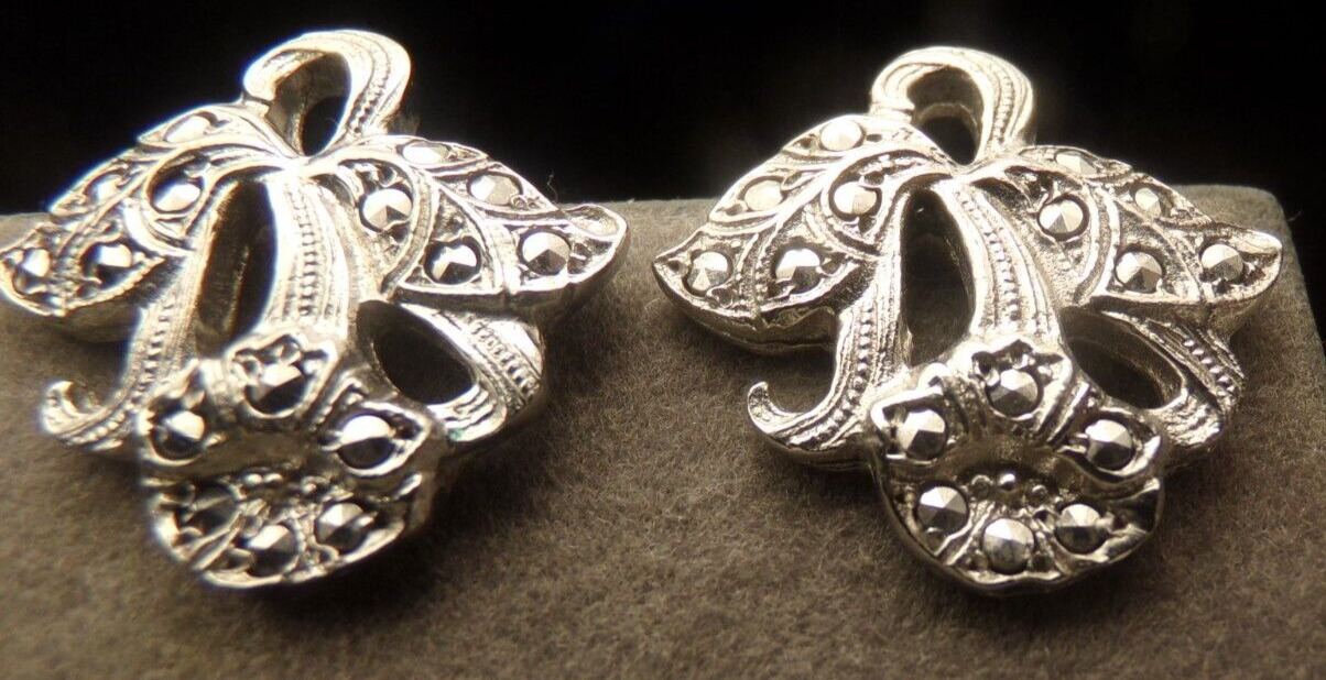 ANTIQUE VICTORIAN 1900'S SILVER RHODIUM PL. MARCASITE LILY SCREWBACK EARRINGS