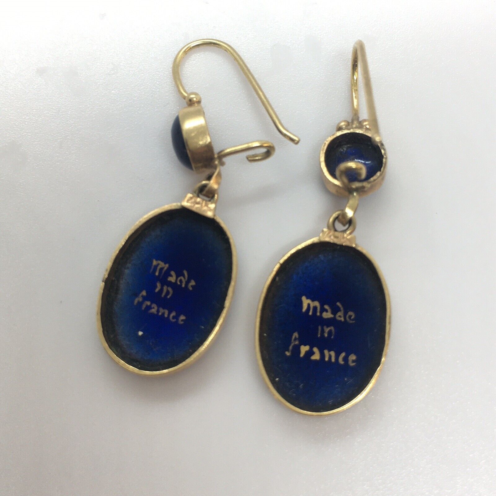 Art Nouveau 1900s French 14K Gold Drop Blue Celestial Enamel Earrings Hallmark