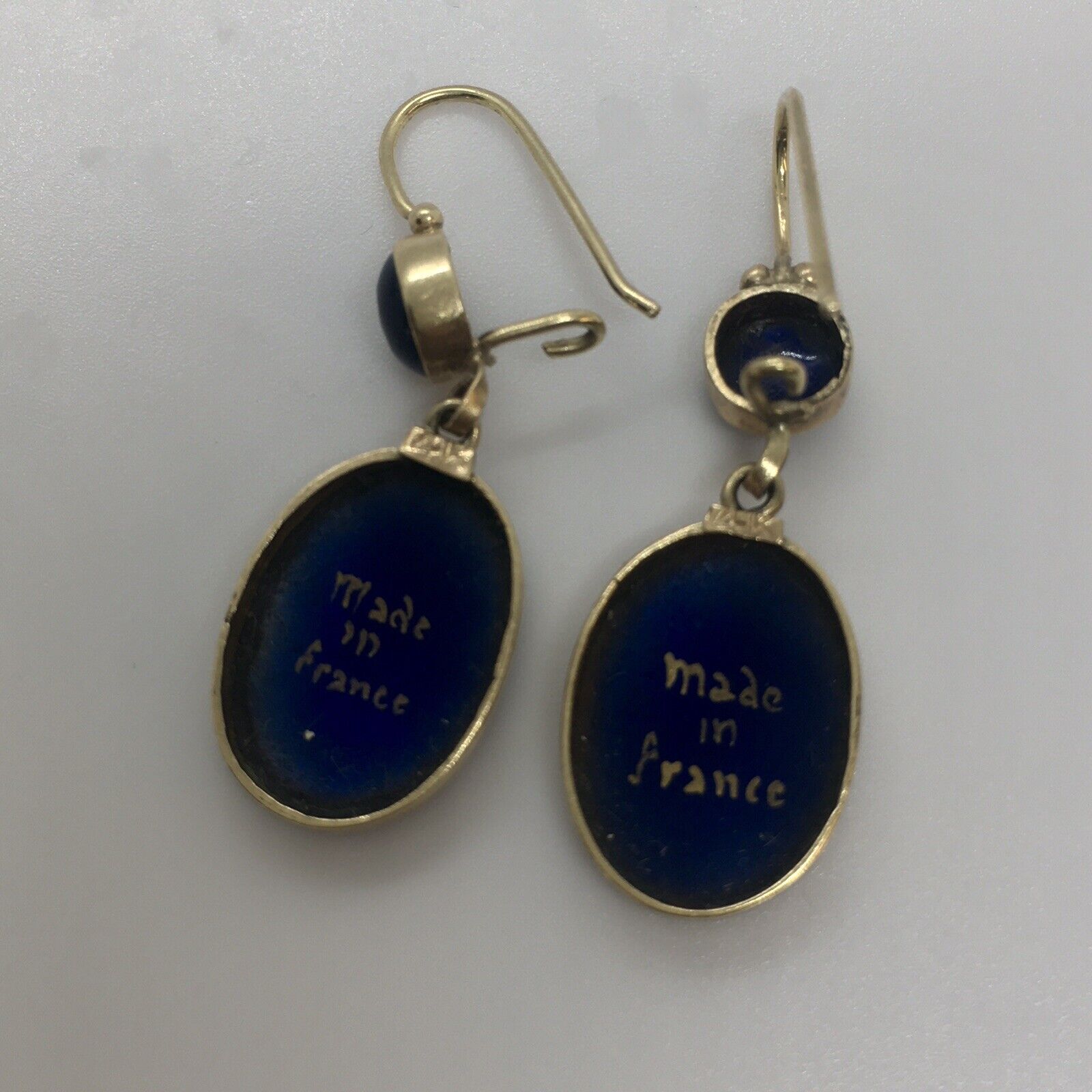 Art Nouveau 1900s French 14K Gold Drop Blue Celestial Enamel Earrings Hallmark